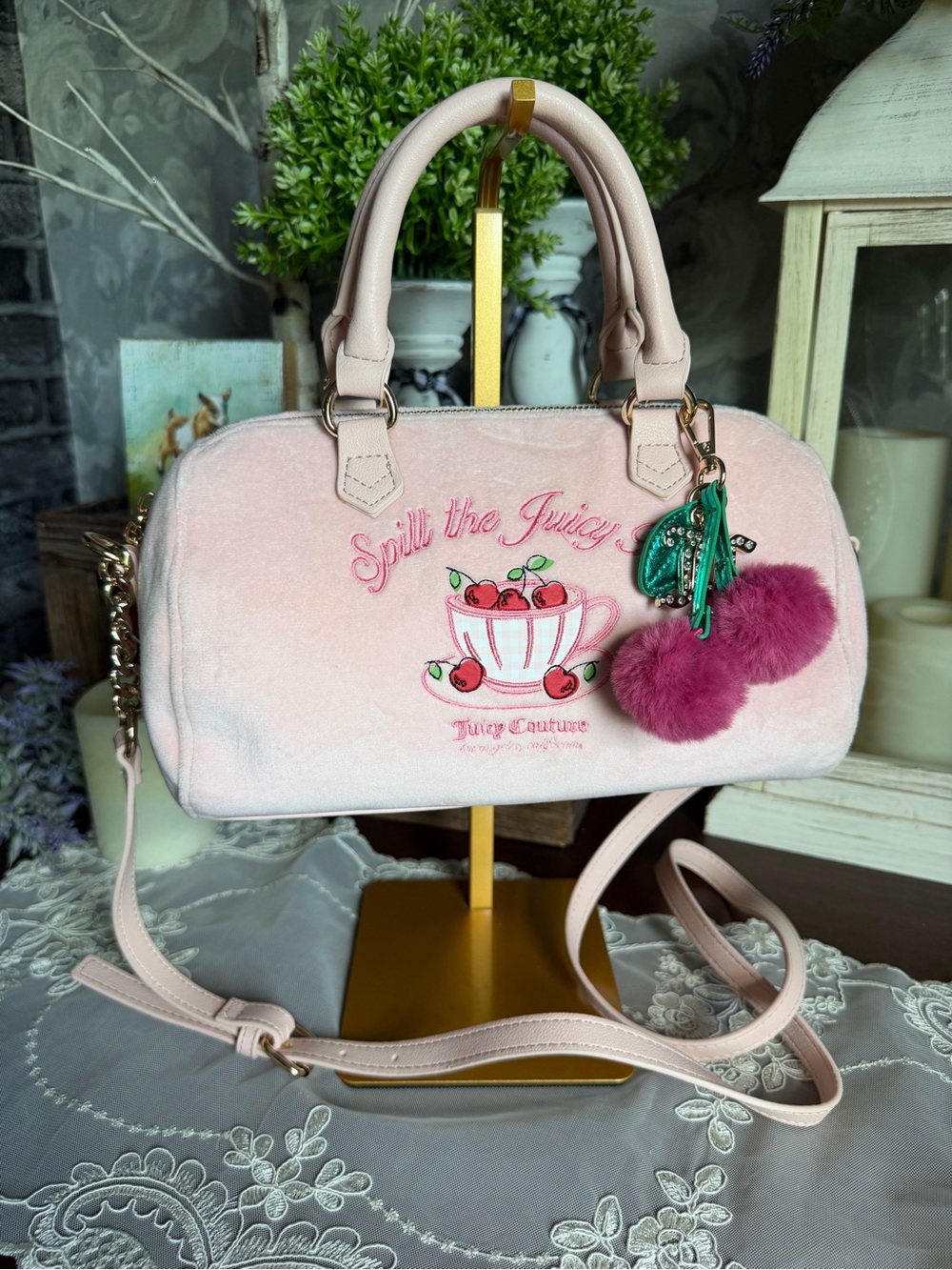 Juicy Couture Pink Cherry Charm Embroidered Small Satchel Handbag Purse